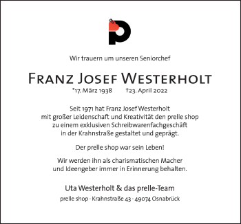 Traueranzeige von Franz Josef Westerholt von Neue Osnabrücker Zeitung GmbH & Co. KG