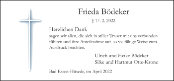 Traueranzeige von Frieda Bödeker von Neue Osnabrücker Zeitung GmbH & Co. KG
