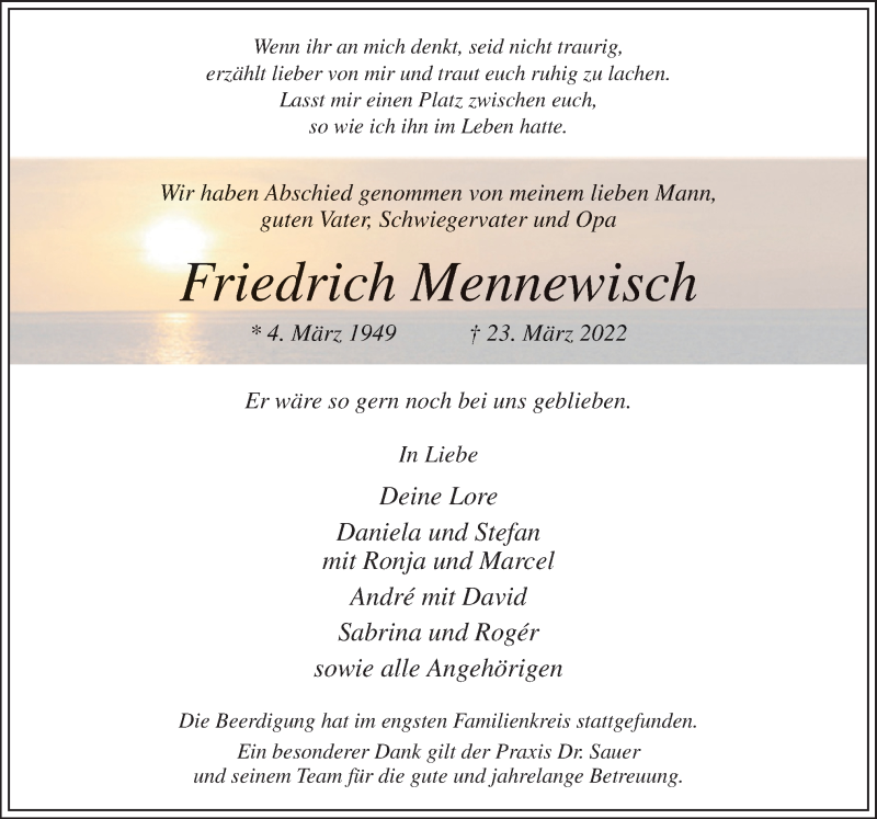  Traueranzeige für Friedrich Mennewisch vom 02.04.2022 aus Neue Osnabrücker Zeitung GmbH & Co. KG