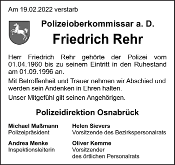 Traueranzeige von Friedrich Rehr von Neue Osnabrücker Zeitung GmbH & Co. KG