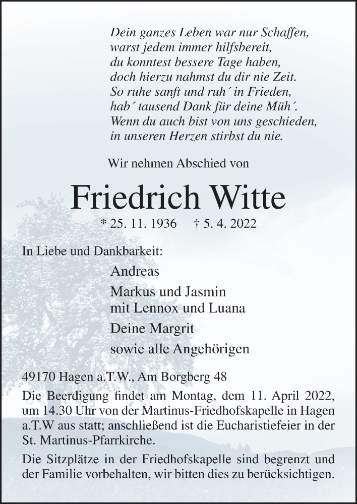  Traueranzeige für Friedrich Witte vom 09.04.2022 aus Neue Osnabrücker Zeitung GmbH & Co. KG