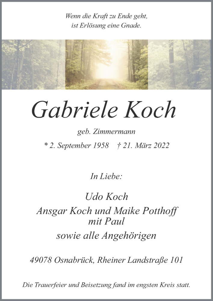  Traueranzeige für Gabriele Koch vom 16.04.2022 aus Neue Osnabrücker Zeitung GmbH & Co. KG