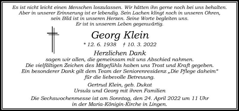  Traueranzeige für Georg Klein vom 20.04.2022 aus Neue Osnabrücker Zeitung GmbH & Co. KG