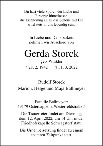 Traueranzeige von Gerda Storck von Neue Osnabrücker Zeitung GmbH & Co. KG