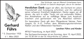 Traueranzeige von Gerhard Führs von Neue Osnabrücker Zeitung GmbH & Co. KG