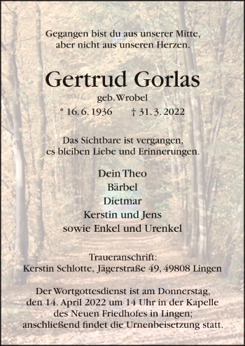 Traueranzeige von Gertrud Gorlas von Neue Osnabrücker Zeitung GmbH & Co. KG