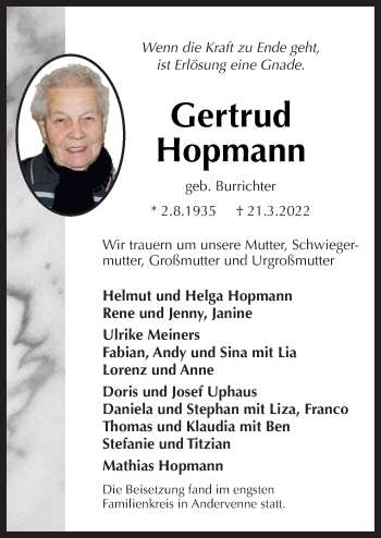 Traueranzeige von Gertrud Hopmann von Neue Osnabrücker Zeitung GmbH & Co. KG