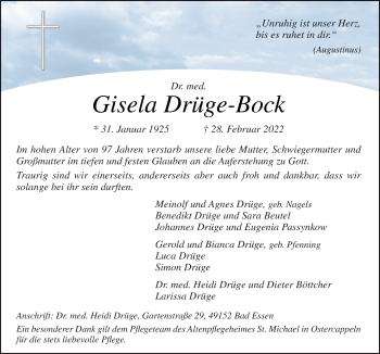 Traueranzeige von Gisela Drüge-Bock von Neue Osnabrücker Zeitung GmbH & Co. KG