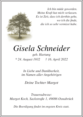 Traueranzeige von Gisela Schneider von Neue Osnabrücker Zeitung GmbH & Co. KG