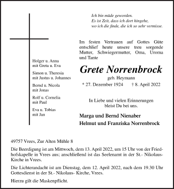 Traueranzeige von Grete Norrenbrock von Neue Osnabrücker Zeitung GmbH & Co. KG