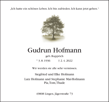 Traueranzeige von Gudrun Hofmann von Neue Osnabrücker Zeitung GmbH & Co. KG