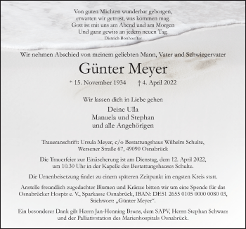 Traueranzeige von Günter Meyer von Neue Osnabrücker Zeitung GmbH & Co. KG
