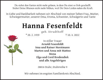 Traueranzeige von Hanna Fesenfeldt von Neue Osnabrücker Zeitung GmbH & Co. KG