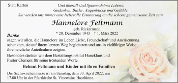 Traueranzeige von Hannelore Feltmann von Neue Osnabrücker Zeitung GmbH & Co. KG