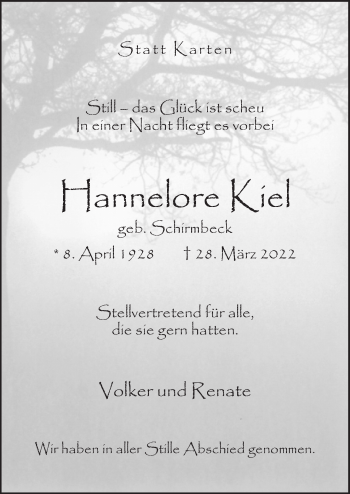 Traueranzeige von Hannelore Kiel von Neue Osnabrücker Zeitung GmbH & Co. KG