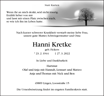 Traueranzeige von Hanni Kretke von Neue Osnabrücker Zeitung GmbH & Co. KG