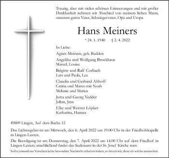 Traueranzeige von Hans Meiners von Neue Osnabrücker Zeitung GmbH & Co. KG