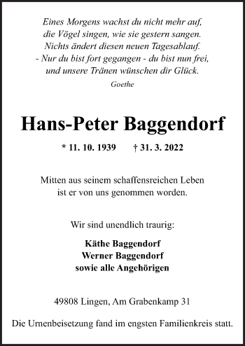 Traueranzeige von Hans-Peter Baggendorf von Neue Osnabrücker Zeitung GmbH & Co. KG