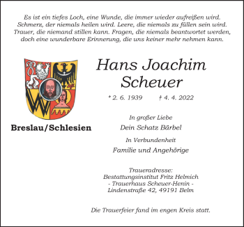 Traueranzeige von Hans Joachim Scheuer von Neue Osnabrücker Zeitung GmbH & Co. KG