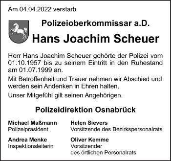 Traueranzeige von Hans Joachim Scheuer von Neue Osnabrücker Zeitung GmbH & Co. KG