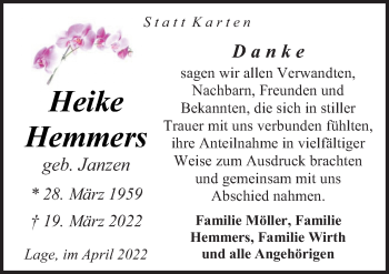 Traueranzeige von Heike Hemmers von Neue Osnabrücker Zeitung GmbH & Co. KG