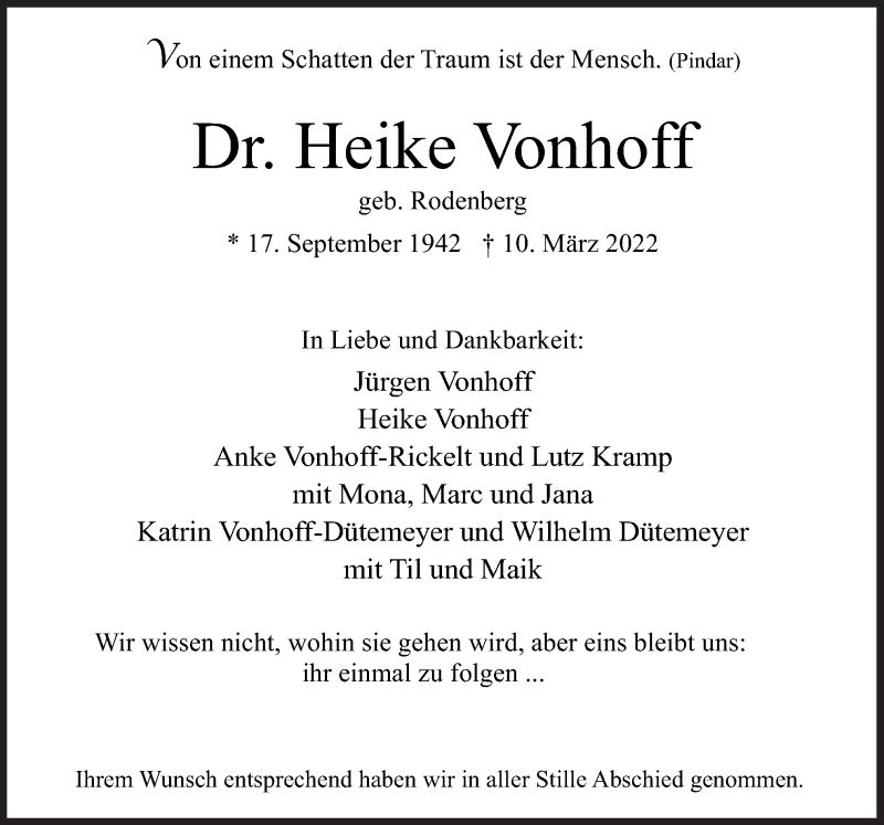  Traueranzeige für Heike Vonhoff vom 02.04.2022 aus Neue Osnabrücker Zeitung GmbH & Co. KG
