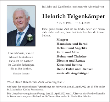 Traueranzeige von Heinrich Telgenkämper von Neue Osnabrücker Zeitung GmbH & Co. KG