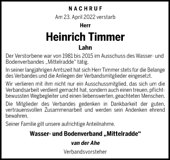 Traueranzeige von Heinrich Timmer von Neue Osnabrücker Zeitung GmbH & Co. KG