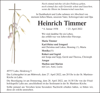 Traueranzeige von Heinrich Timmer von Neue Osnabrücker Zeitung GmbH & Co. KG