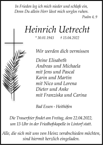 Traueranzeige von Heinrich Uetrecht von Neue Osnabrücker Zeitung GmbH & Co. KG