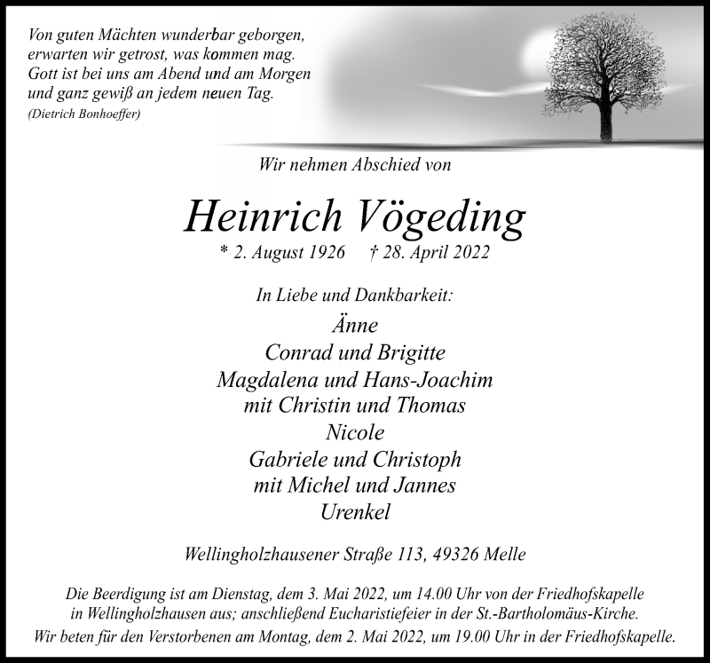  Traueranzeige für Heinrich Vögeding vom 30.04.2022 aus Neue Osnabrücker Zeitung GmbH & Co. KG