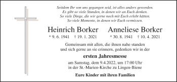 Traueranzeige von Heinrich und Anneliese Borker von Neue Osnabrücker Zeitung GmbH & Co. KG