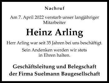 Traueranzeige von Heinz Arling von Neue Osnabrücker Zeitung GmbH & Co. KG