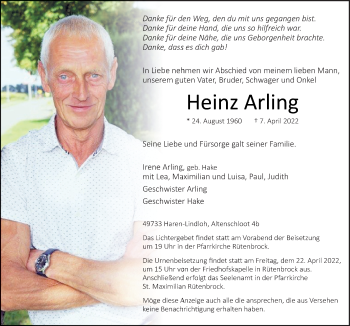 Traueranzeige von Heinz Arling von Neue Osnabrücker Zeitung GmbH & Co. KG