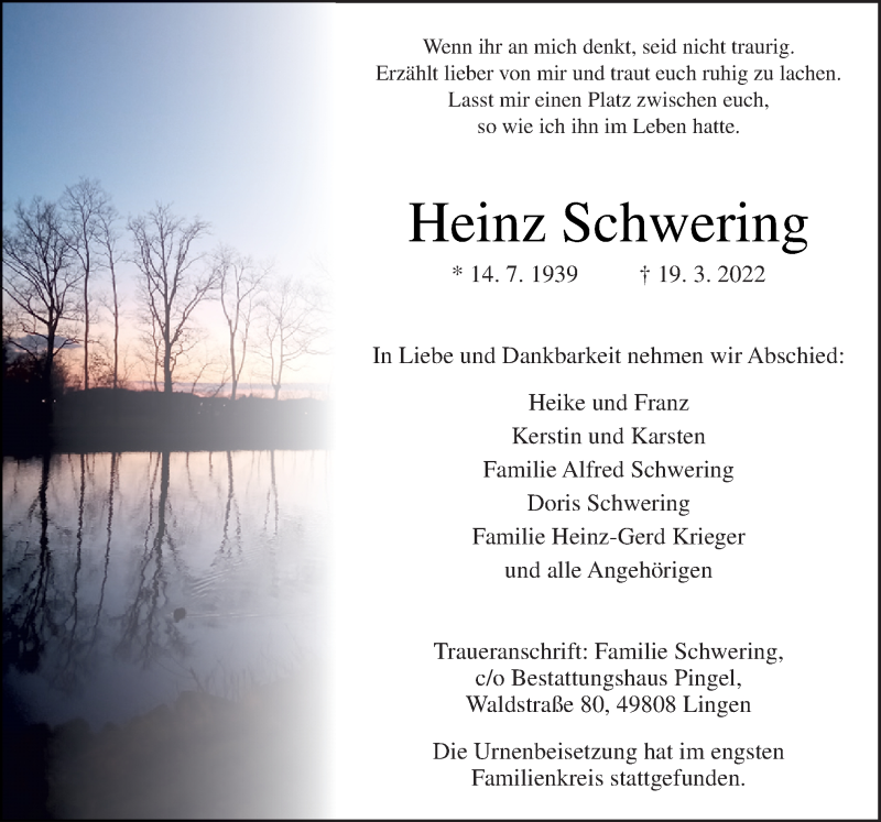  Traueranzeige für Heinz Schwering vom 09.04.2022 aus Neue Osnabrücker Zeitung GmbH & Co. KG