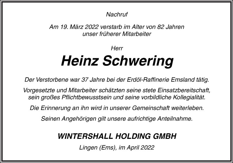  Traueranzeige für Heinz Schwering vom 02.04.2022 aus Neue Osnabrücker Zeitung GmbH & Co. KG