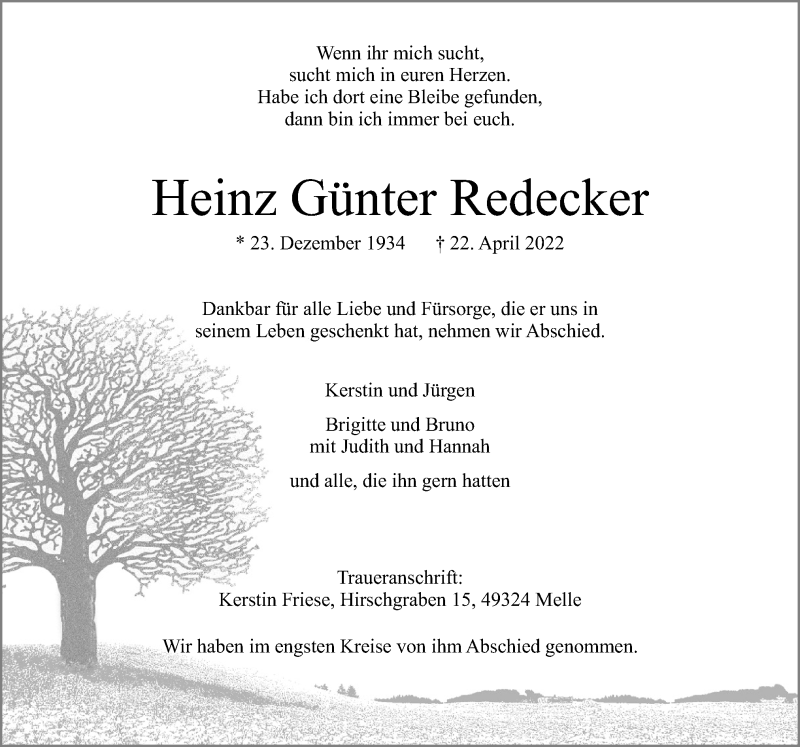  Traueranzeige für Heinz Günter Redecker vom 30.04.2022 aus Neue Osnabrücker Zeitung GmbH & Co. KG