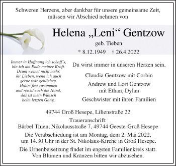 Traueranzeige von Helena Gentzow von Neue Osnabrücker Zeitung GmbH & Co. KG