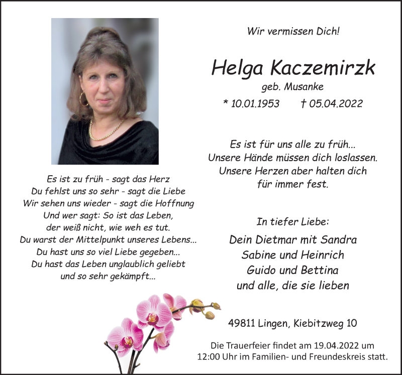  Traueranzeige für Helga Kaczemirzk vom 16.04.2022 aus Neue Osnabrücker Zeitung GmbH & Co. KG