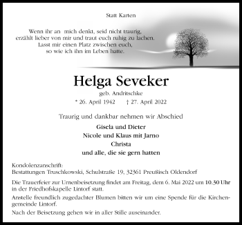 Traueranzeige von Helga Seveker von Neue Osnabrücker Zeitung GmbH & Co. KG