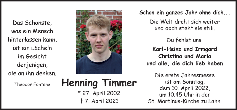  Traueranzeige für Henning Timmer vom 06.04.2022 aus Neue Osnabrücker Zeitung GmbH & Co. KG