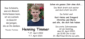 Traueranzeige von Henning Timmer von Neue Osnabrücker Zeitung GmbH & Co. KG