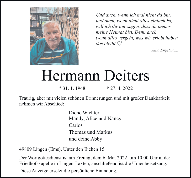  Traueranzeige für Hermann Deiters vom 30.04.2022 aus Neue Osnabrücker Zeitung GmbH & Co. KG