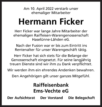 Traueranzeige von Hermann Ficker von Neue Osnabrücker Zeitung GmbH & Co. KG