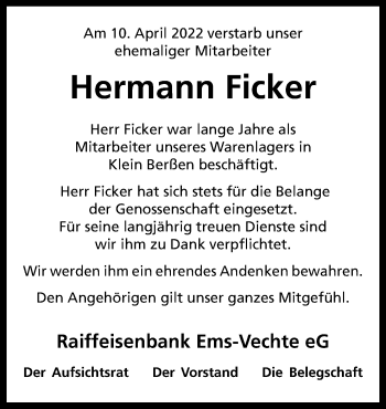 Traueranzeige von Hermann Ficker von Neue Osnabrücker Zeitung GmbH & Co. KG