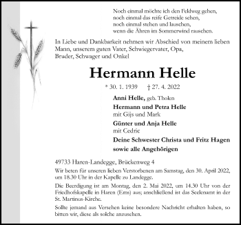 Traueranzeige von Hermann Helle von Neue Osnabrücker Zeitung GmbH & Co. KG