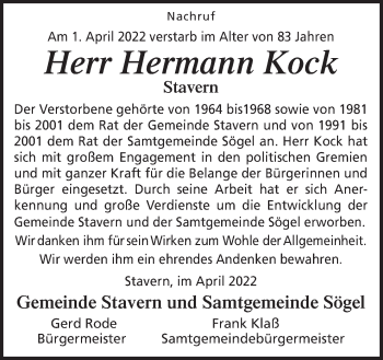 Traueranzeige von Hermann Kock von Neue Osnabrücker Zeitung GmbH & Co. KG