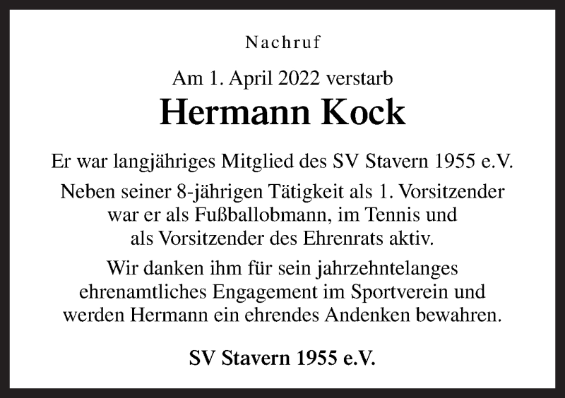  Traueranzeige für Hermann Kock vom 06.04.2022 aus Neue Osnabrücker Zeitung GmbH & Co. KG