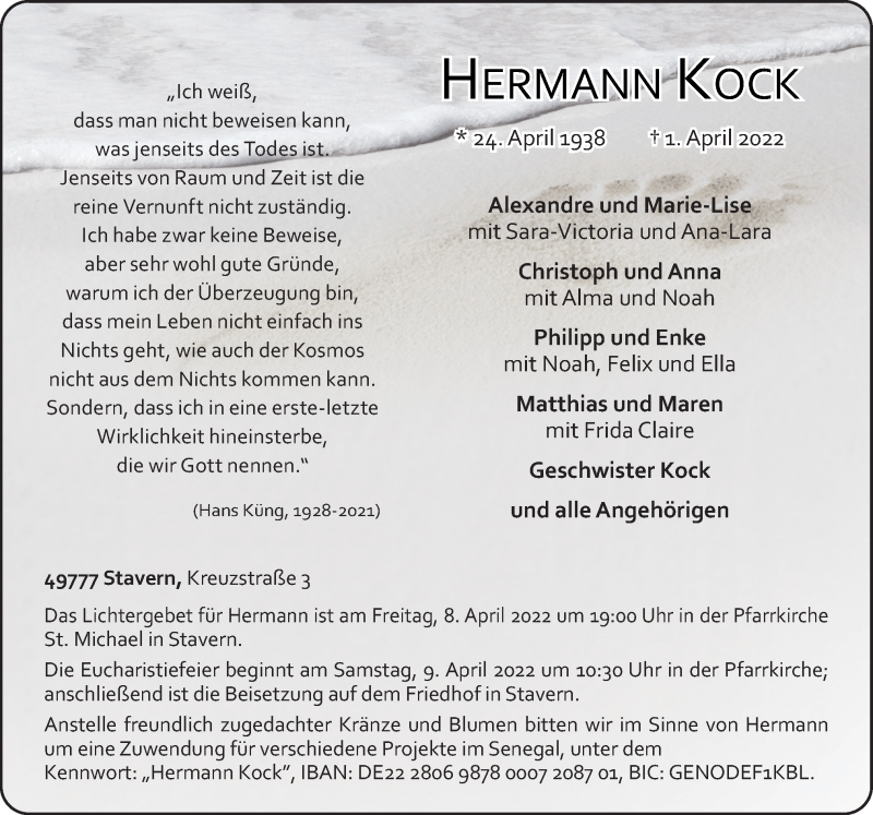  Traueranzeige für Hermann Kock vom 05.04.2022 aus Neue Osnabrücker Zeitung GmbH & Co. KG