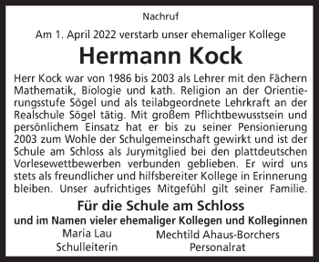 Traueranzeige von Hermann Kock von Neue Osnabrücker Zeitung GmbH & Co. KG